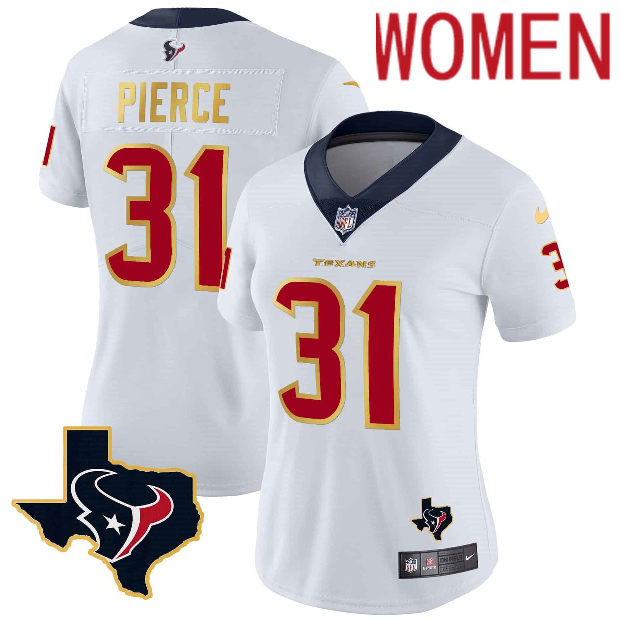 Women Houston Texans 31 Pierce White Gold 2024 Nike Trim Vapor NFL Jersey